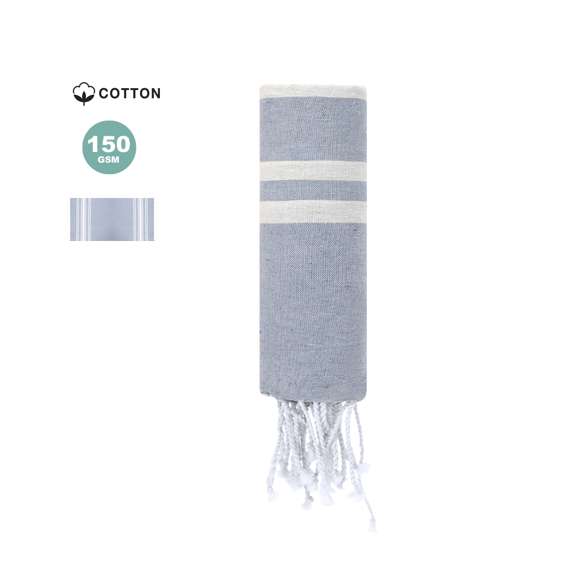 Suave pareo-toalla de 150g/m2 en combinación de algodón y poliéster. Su diseño cuenta con una base en color y  rayas blancas, .Incluye flecos en los extremos que añaden un detalle decorativo  y que completan su acabado.
