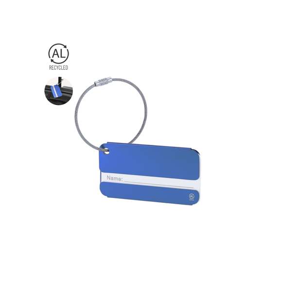 Identificador de maletas fabricado en Aluminio Reciclado. Con resistente cuerda de acero inox de acople y tarjeta de identificación. Con distintivo de Aluminio Reciclado.El Aluminio Reciclado es un material con posibilidades de reciclaje casi infinitas, sin perder sus propiedades originales y consumiendo menos energía en este proceso.Certificación GRS (Global Recycled Standard / Estándar de Reciclaje Global), que garantiza el origen reciclado del material usado para fabricar el producto.