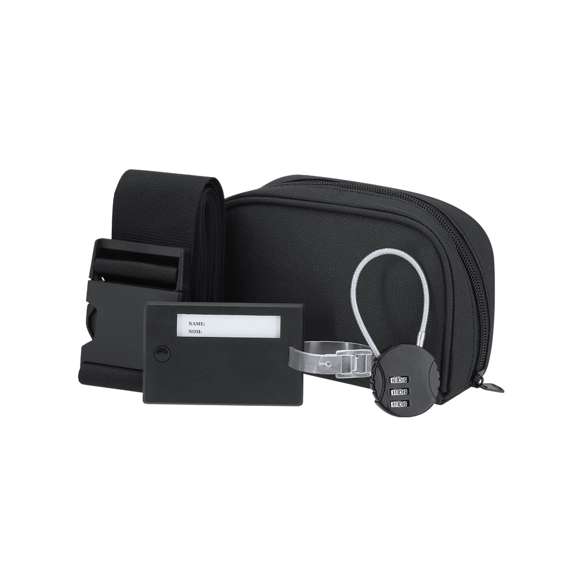 Set de viaje. Incluye: cinta ajustable para maletas, identificador de maletas y candado con contraseña numérica de 3 dígitos y cierre de cable de acero. Presentado en funda de RPET con cierre de cremallera y doble bolsillo interior. Incluye distintivo RPET.El material RPET se elabora a partir de plástico reciclado, para así fomentar la reutilización de residuos plásticos y ayudar a la sostenibilidad del planeta.