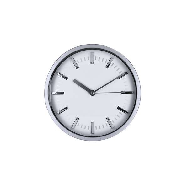 Reloj de pared fabricado con estructura de aluminio y vidrio. La esfera se distingue por marcadores de horas cromados y cuartos en tono plata, ofreciendo un estilo sofisticado y funcional.Alimentación a pilas (1xAA no incluida).