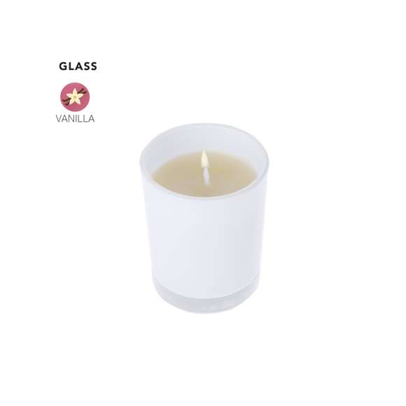 Vela aromática de cristal. Disponibles varias fragancias:- Color blanco: fragancia de vainilla.- Color negro: aroma de sándalo.