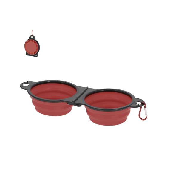 Bowl plegable para mascotas fabricado en resistente TPE. De diseño compacto, con dos compartimentos de 450 ml, perfecto para usar en cualquier sitio. Incluye práctico mosquetón a juego.