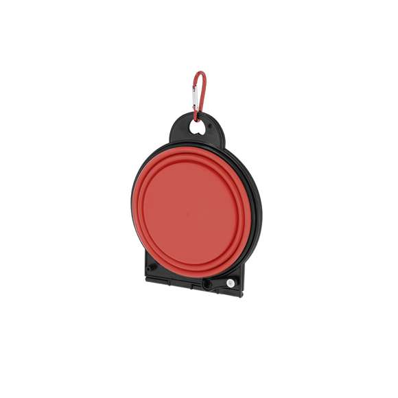 Bowl plegable para mascotas fabricado en resistente TPE. De diseño compacto, con dos compartimentos de 450 ml, perfecto para usar en cualquier sitio. Incluye práctico mosquetón a juego.