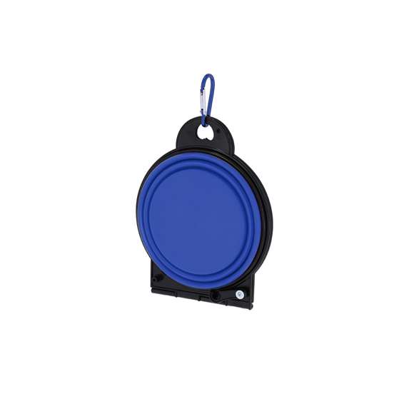Bowl plegable para mascotas fabricado en resistente TPE. De diseño compacto, con dos compartimentos de 450 ml, perfecto para usar en cualquier sitio. Incluye práctico mosquetón a juego.