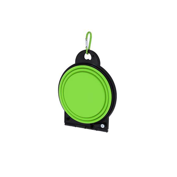 Bowl plegable para mascotas fabricado en resistente TPE. De diseño compacto, con dos compartimentos de 450 ml, perfecto para usar en cualquier sitio. Incluye práctico mosquetón a juego.