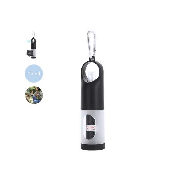 Dispensador de bolsas para mascotas con resistente cuerpo en ABS y compartimento recargable para gel hidroalcohólico -incluye gel-. Equipado con mosquetón metálico para fácil transporte. Incluye gel hidroalcohólico de 15ml y 15 bolsas.