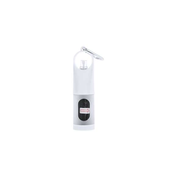 Dispensador de bolsas para mascotas con resistente cuerpo en ABS y compartimento recargable para gel hidroalcohólico -incluye gel-. Equipado con mosquetón metálico para fácil transporte. Incluye gel hidroalcohólico de 15ml y 15 bolsas.