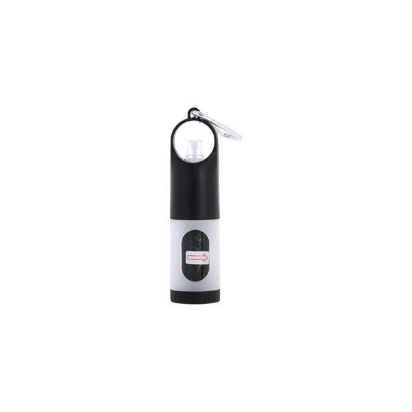 Dispensador de bolsas para mascotas con resistente cuerpo en ABS y compartimento recargable para gel hidroalcohólico -incluye gel-. Equipado con mosquetón metálico para fácil transporte. Incluye gel hidroalcohólico de 15ml y 15 bolsas.