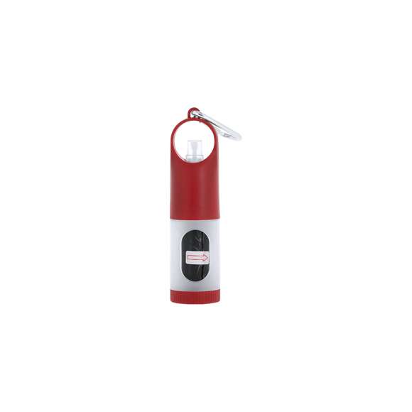 Dispensador de bolsas para mascotas con resistente cuerpo en ABS y compartimento recargable para gel hidroalcohólico -incluye gel-. Equipado con mosquetón metálico para fácil transporte. Incluye gel hidroalcohólico de 15ml y 15 bolsas.
