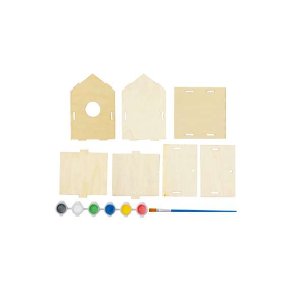 Caseta colgante para pájaros fabricada en madera natural. Incluye pincel y pinturas a base de agua en variados colores.