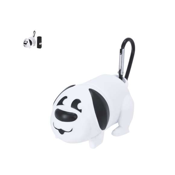 Dispensador de bolsas para mascotas con original diseño en forma de perro. Cuenta con mosquetón de transporte. Incluye 15 bolsas.