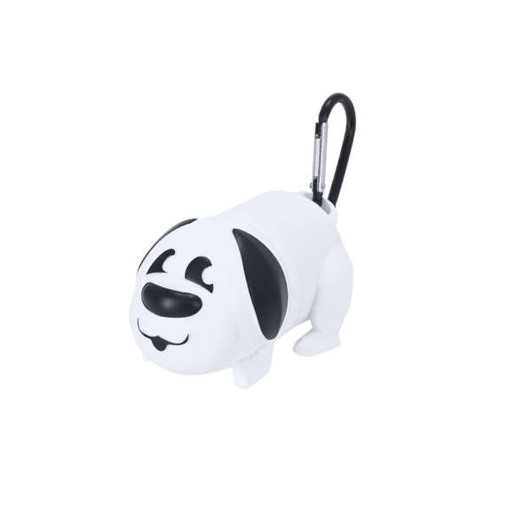 Dispensador de bolsas para mascotas con original diseño en forma de perro. Cuenta con mosquetón de transporte. Incluye 15 bolsas.