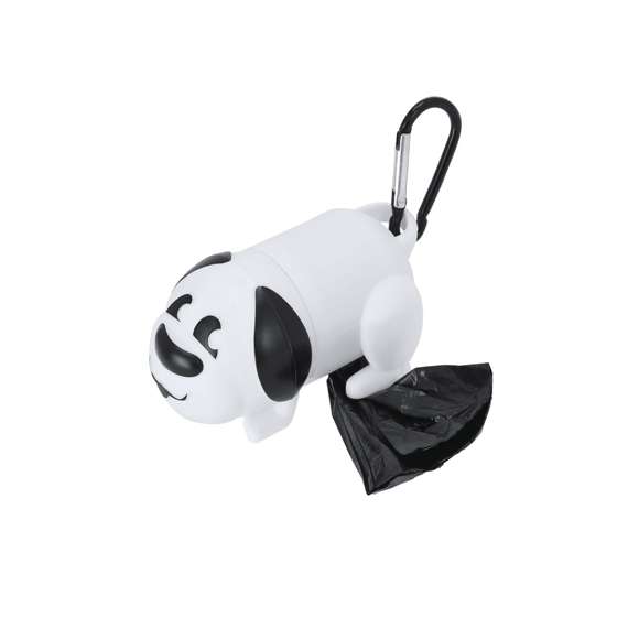 Dispensador de bolsas para mascotas con original diseño en forma de perro. Cuenta con mosquetón de transporte. Incluye 15 bolsas.
