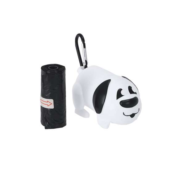 Dispensador de bolsas para mascotas con original diseño en forma de perro. Cuenta con mosquetón de transporte. Incluye 15 bolsas.