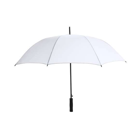 Paraguas antiviento de 120cm de diámetro, fabricado en material poliéster RPET 190T. Con apertura automática y varillas de fibra de vidrio. Mango en EVA. El material RPET se elabora a partir de plástico reciclado, para así fomentar la reutilización de residuos plásticos y ayudar a la sostenibilidad del planeta.