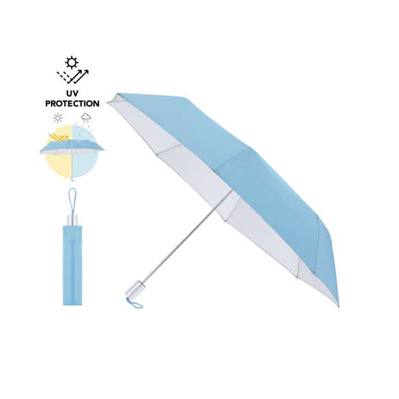 Paraguas plegable de 96 cm de diámetro, ideal para protegerte de la lluvia y los rayos solares gracias a su tejido de poliéster 190T con protección solar UPF50+.Cuenta con apertura y cierre manual, varillas metálicas para mayor resistencia y mango de acabado mate. Su sistema de protección solar UPF50+, bloquea hasta el 98% de los rayos UV, proporcionando una barrera eficaz contra los daños solares y garantizando la seguridad de tu piel durante exposiciones prolongadas.