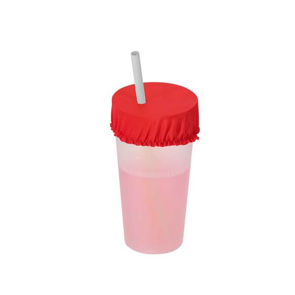 Cubrevasos fabricado en material flexible de poliéster, diseñado para adaptarse a todo tipo de vasos. Incluye un agujero para pajita.Reutilizable y fácil de lavar, es una solución versátil para proteger bebidas.