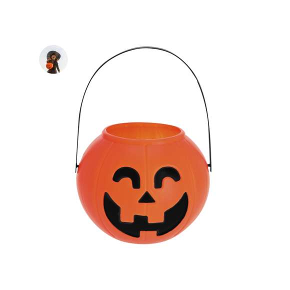 Cesta temática de Halloween con diseño en forma de calabaza. Incluye un asa que garantiza un agarre cómodo.