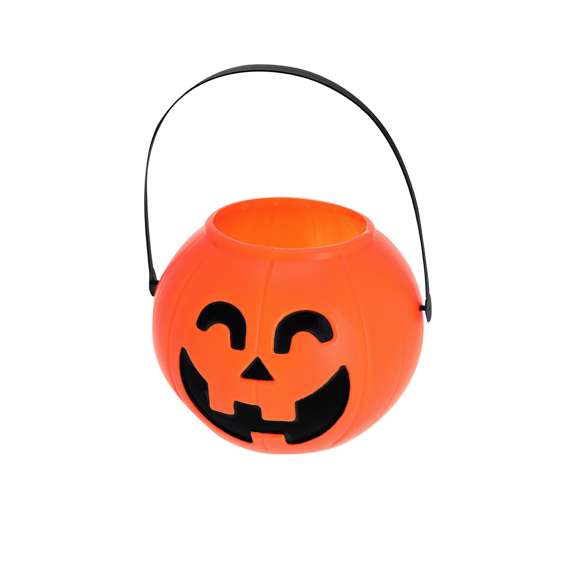 Cesta temática de Halloween con diseño en forma de calabaza. Incluye un asa que garantiza un agarre cómodo.