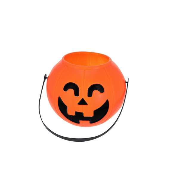 Cesta temática de Halloween con diseño en forma de calabaza. Incluye un asa que garantiza un agarre cómodo.