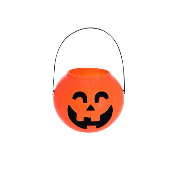 Cesta temática de Halloween con diseño en forma de calabaza. Incluye un asa que garantiza un agarre cómodo.
