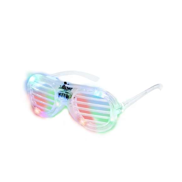 Gafas luminosas con LEDs, montura transparente y lentes de rejilla, ideales para fiestas y celebraciones.Incorporan 6 luces LED integradas, alimentadas por pilas de botón (incluidas), con opciones de iluminación en modo fijo o parpadeo. Cuentan con un práctico botón de encendido/apagado.