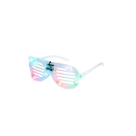 Gafas luminosas con LEDs, montura transparente y lentes de rejilla, ideales para fiestas y celebraciones.Incorporan 6 luces LED integradas, alimentadas por pilas de botón (incluidas), con opciones de iluminación en modo fijo o parpadeo. Cuentan con un práctico botón de encendido/apagado.