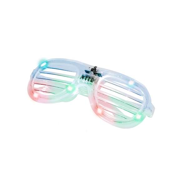 Gafas luminosas con LEDs, montura transparente y lentes de rejilla, ideales para fiestas y celebraciones.Incorporan 6 luces LED integradas, alimentadas por pilas de botón (incluidas), con opciones de iluminación en modo fijo o parpadeo. Cuentan con un práctico botón de encendido/apagado.