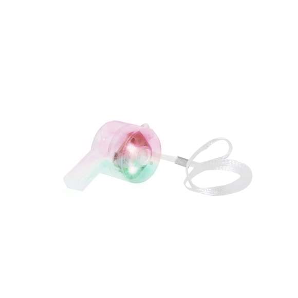 Silbato luminoso con LEDs multicolor que ofrecen varias posiciones de iluminación: parpadeo lento, medio o rápido, adaptándose a diferentes ambientes. Incluye práctico botón de encendido/apagado. Incorpora cordón para un transporte cómodo y funciona con tres pilas de botón (incluidas).