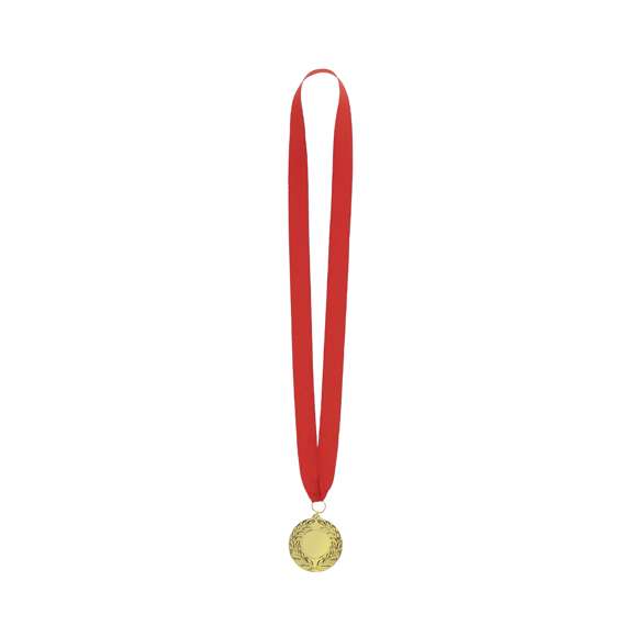 Medalla metálica de acabado dorado en relieve. Incluye cinta de poliéster en rojo.