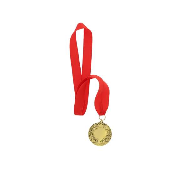 Medalla metálica de acabado dorado en relieve. Incluye cinta de poliéster en rojo.