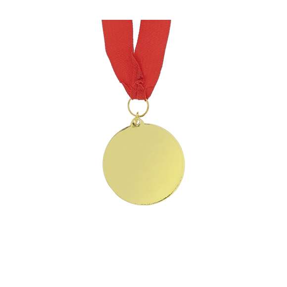Medalla metálica de acabado dorado en relieve. Incluye cinta de poliéster en rojo.