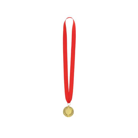 Medalla metálica de acabado dorado en relieve. Incluye cinta de poliéster en rojo.