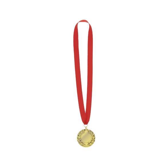Medalla metálica de acabado dorado en relieve de 7cm de diámetro. Con cinta de poliéster en color rojo, anilla metálica a juego y especialmente diseñada para marcaje en láser.
