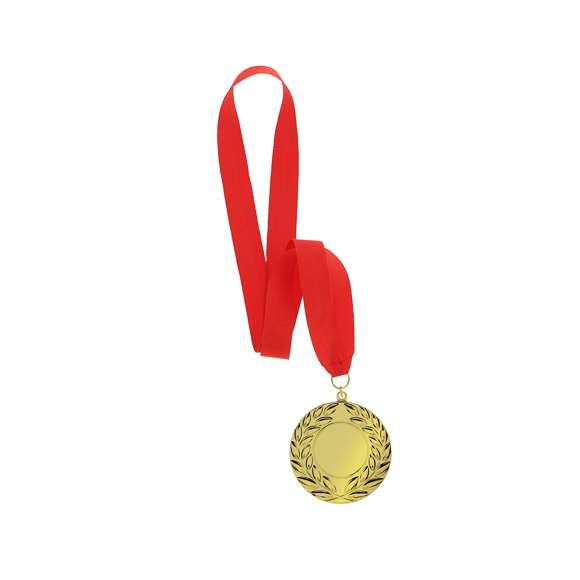 Medalla metálica de acabado dorado en relieve de 7cm de diámetro. Con cinta de poliéster en color rojo, anilla metálica a juego y especialmente diseñada para marcaje en láser.