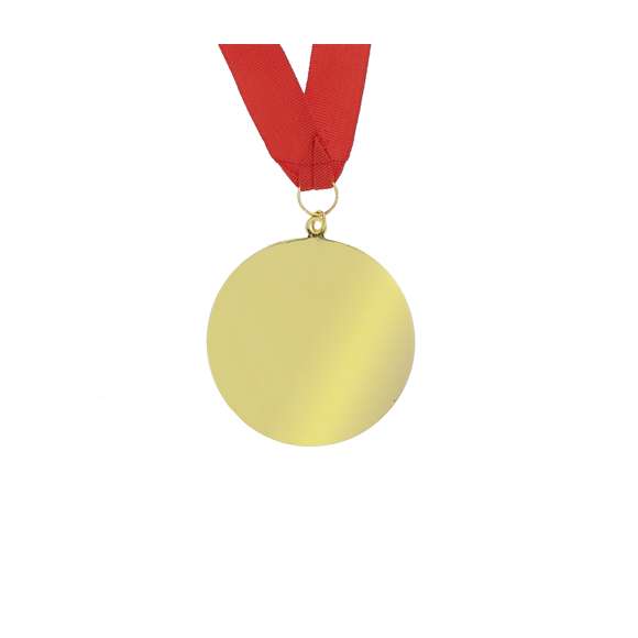Medalla metálica de acabado dorado en relieve de 7cm de diámetro. Con cinta de poliéster en color rojo, anilla metálica a juego y especialmente diseñada para marcaje en láser.