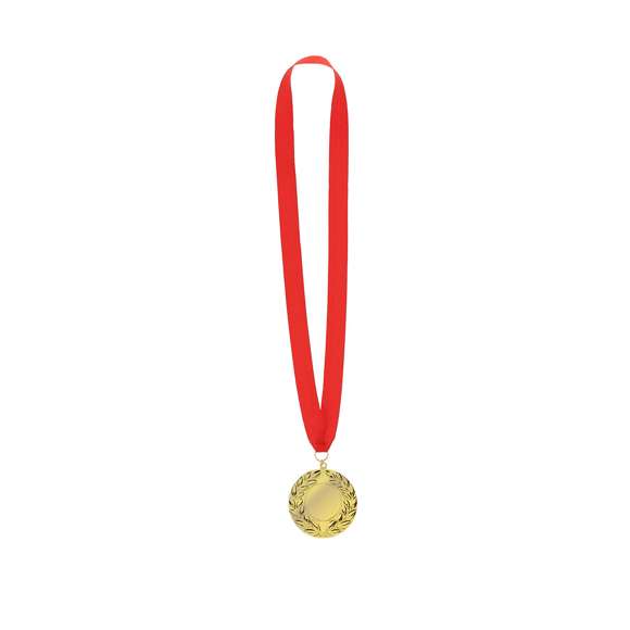 Medalla metálica de acabado dorado en relieve de 7cm de diámetro. Con cinta de poliéster en color rojo, anilla metálica a juego y especialmente diseñada para marcaje en láser.