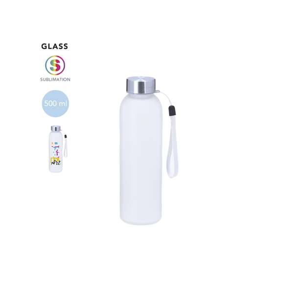 Bidón de 500 ml de capacidad, ideal para marcaje en sublimación. Cuerpo fabricado en cristal acabado frosted y tapón de acero inox libre de BPA. Incluye práctico cordón de para transporte.