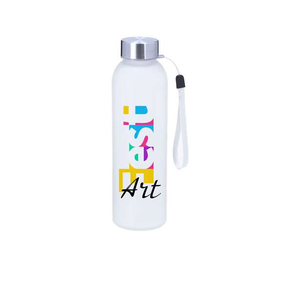 Bidón de 500 ml de capacidad, ideal para marcaje en sublimación. Cuerpo fabricado en cristal acabado frosted y tapón de acero inox libre de BPA. Incluye práctico cordón de para transporte.
