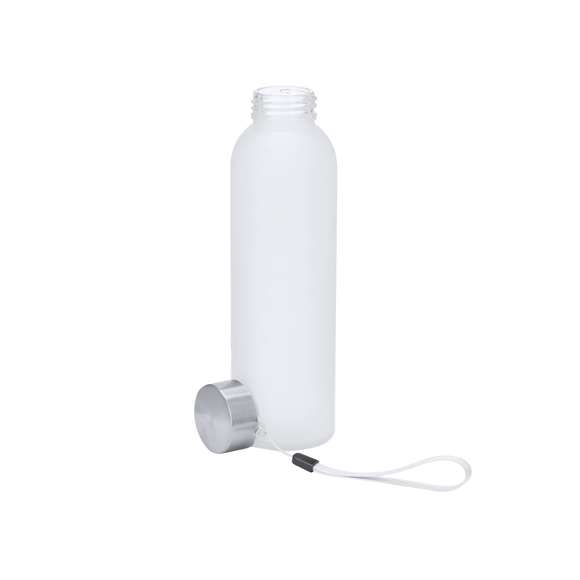 Bidón de 500 ml de capacidad, ideal para marcaje en sublimación. Cuerpo fabricado en cristal acabado frosted y tapón de acero inox libre de BPA. Incluye práctico cordón de para transporte.