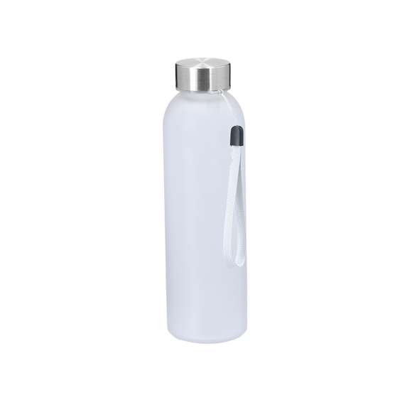 Bidón de 500 ml de capacidad, ideal para marcaje en sublimación. Cuerpo fabricado en cristal acabado frosted y tapón de acero inox libre de BPA. Incluye práctico cordón de para transporte.