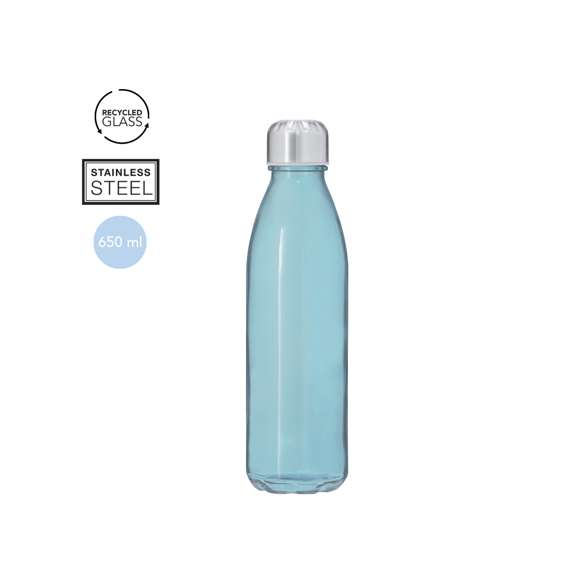 Bidón en Cristal Reciclado de 650 ml de capacidad y tapón en acero inox, libre de BPA. Incluye distintivo de Recycled Glass.