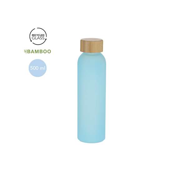 Bidón en Cristal Reciclado, acabado frosted, de 500 ml de capacidad y tapón en bambú. Incluye distintivo de Recycled Glass.