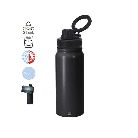 Bidón térmico de 600 ml de capacidad, fabricado en Acero Inox Reciclado de doble pared. Con función soporte magnético giratorio para smarthphone. Libre de BPA. Incluye distintivo de acero inoxidable reciclado.El acero es uno de los materiales más demandados y que puede encontrarse casi en todas partes, desde productos de uso diario a grandes construcciones. Con innumerables propiedades, entre las que cabe destacar la durabilidad y su alto grado de reutilización, convirtiéndolo en una alternativa muy valorada en soluciones de sostenibilidad. Debidamente tratado, permite obtener nuevos recursos de infinita utilización.