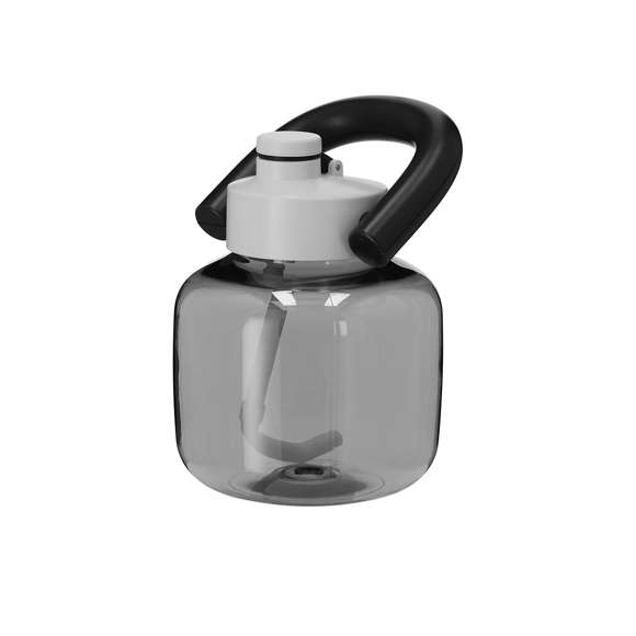 Bidón en resistente RPET con 1,8 L de capacidad. Con original forma de kettlebell en color translúcido brillo. Incluye de cierre a rosca para un óptimo sellado, pajita y firme asa de transporte. Libre de BPA.El material RPET se elabora a partir de plástico reciclado, para así fomentar la reutilización de residuos plásticos y ayudar a la sostenibilidad del planeta.