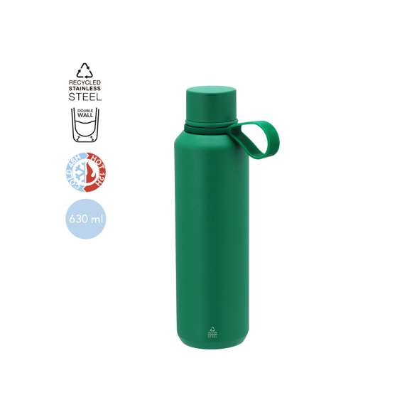 Bidón térmico de 630 ml de capacidad, fabricado en  Acero Inox Reciclado de doble pared. Incluye asa de silicona a juego. Libre de BPA. Con distintivo acero inoxidable reciclado.El acero es uno de los materiales más demandados y que puede encontrarse casi en todas partes, desde productos de uso diario a grandes construcciones. Con innumerables propiedades, entre las que cabe destacar la durabilidad y su alto grado de reutilización, convirtiéndolo en una alternativa muy valorada en soluciones de sostenibilidad. Debidamente tratado, permite obtener nuevos recursos de infinita utilización.