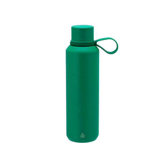 Bidón térmico de 630 ml de capacidad, fabricado en  Acero Inox Reciclado de doble pared. Incluye asa de silicona a juego. Libre de BPA. Con distintivo acero inoxidable reciclado.El acero es uno de los materiales más demandados y que puede encontrarse casi en todas partes, desde productos de uso diario a grandes construcciones. Con innumerables propiedades, entre las que cabe destacar la durabilidad y su alto grado de reutilización, convirtiéndolo en una alternativa muy valorada en soluciones de sostenibilidad. Debidamente tratado, permite obtener nuevos recursos de infinita utilización.