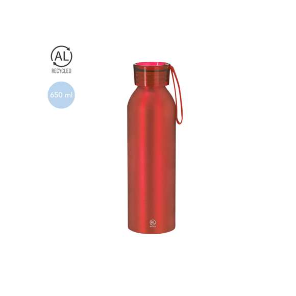 Bidón de 650 ml de capacidad. Fabricado en resistente y sostenible aluminio reciclado. Con tapón a rosca translúcido y correa a juego para un sencillo transporte. Cuerpo de acabado esmerilado. Libre de BPA. Incluye distintivo Aluminio Reciclado.El aluminio reciclado es un material con posibilidades de reciclaje casi infinitas, sin perder sus propiedades originales y consumiendo menos energía en este proceso.