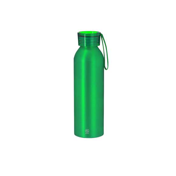 Bidón de 650 ml de capacidad. Fabricado en resistente y sostenible aluminio reciclado. Con tapón a rosca translúcido y correa a juego para un sencillo transporte. Cuerpo de acabado esmerilado. Libre de BPA. Incluye distintivo Aluminio Reciclado.El aluminio reciclado es un material con posibilidades de reciclaje casi infinitas, sin perder sus propiedades originales y consumiendo menos energía en este proceso.