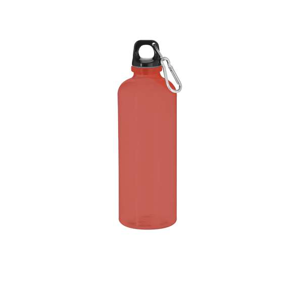 Bidón fabricado en resistente material RPET, con una capacidad de 630 ml. Cuerpo translúcido y tapón negro de cierre a rosca para garantizar un sellado óptimo. Incluye mosquetón metálico que facilita su transporte. Libre de BPA.El material RPET se elabora a partir de plástico reciclado, para así fomentar la reutilización de residuos plásticos y ayudar a la sostenibilidad del planeta.